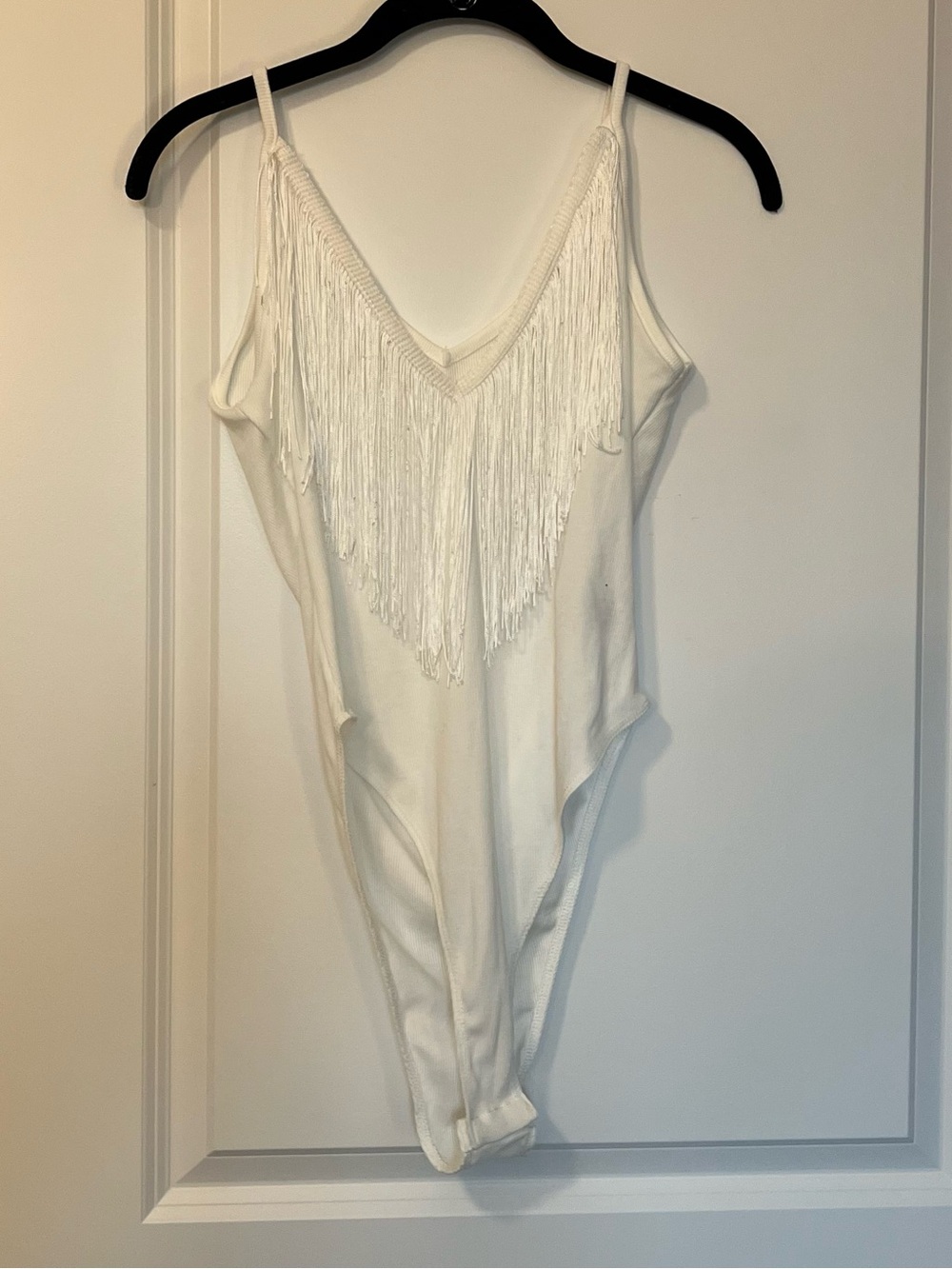 White Fringe V-Neck Bodysuit